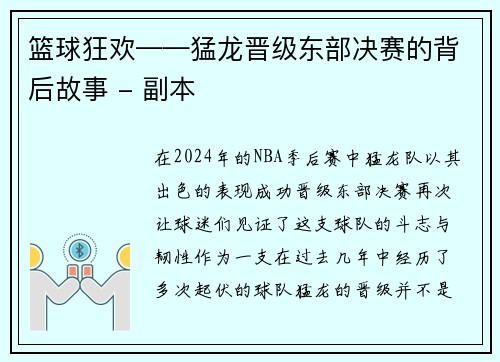 篮球狂欢——猛龙晋级东部决赛的背后故事 - 副本